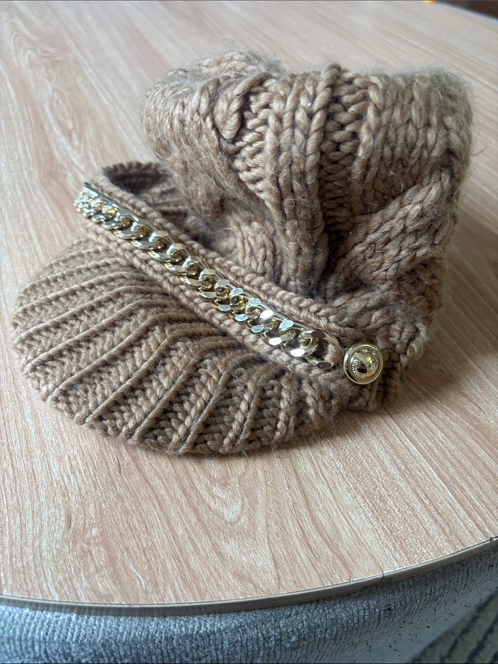 Michael Kors Brown Knit Visor Cap with Gold Chain Trim